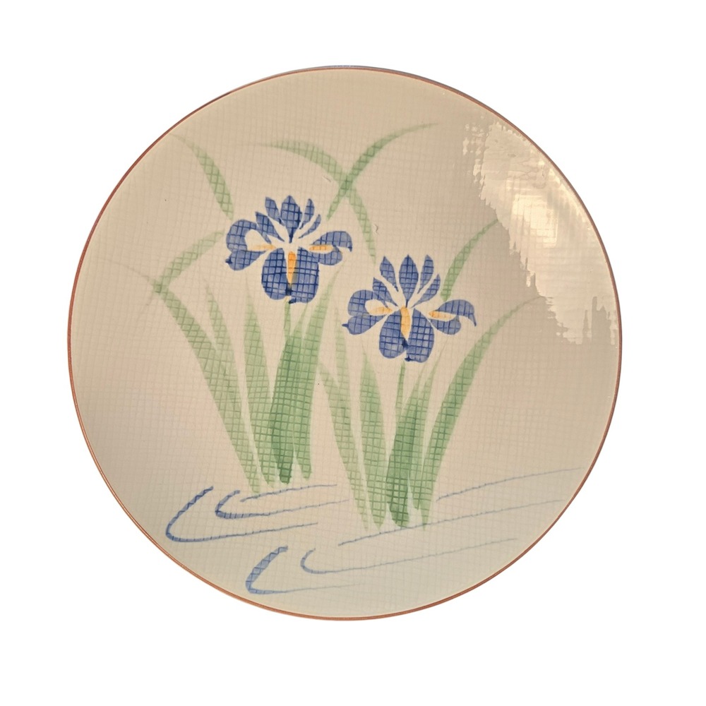 Vtg Ono Japan Hand Painted Iris Ceramic Plate Blue Floral Crackle Glaze 12.25"